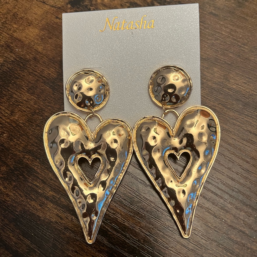 Natasha Oversized Hammered Gold Heart Earrings Long Dangle Drop Valentines Day